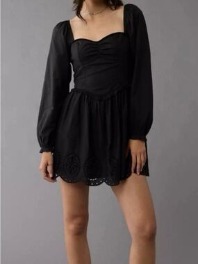 American Eagle Black Eyelet Babydoll Mini Dress Medium Puff Sleeve Romantic Boho